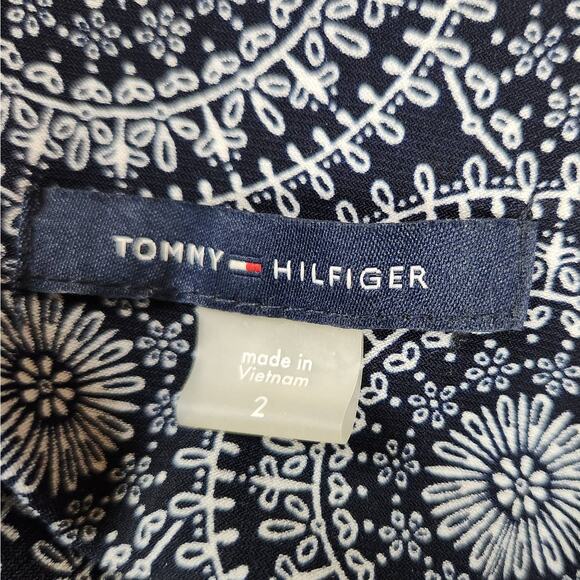 Tommy Hilfiger Dress Womens 2 Navy Blue White Medallion Print 3/4 Sleeve Midi - Picture 9 of 14